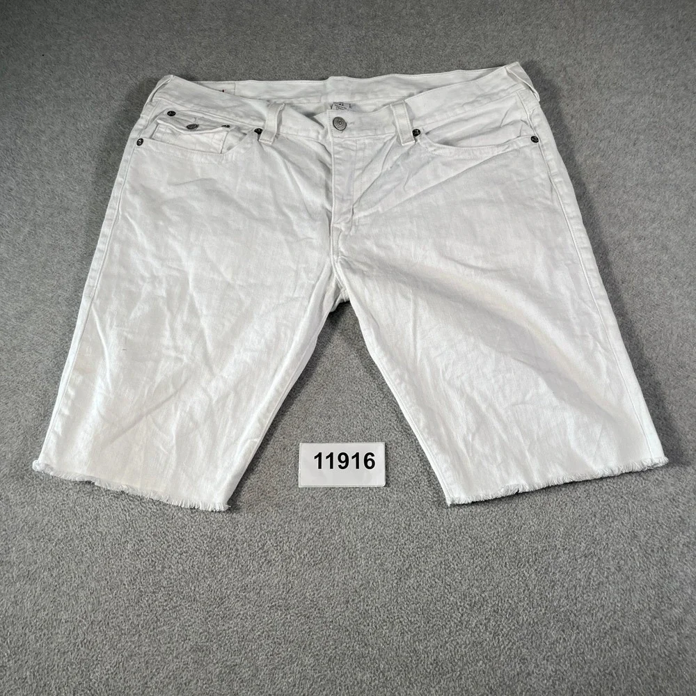 True Religion Ricky Denim Shorts Mens 42 Off White Cotton Relaxed Fit Frayed Hem